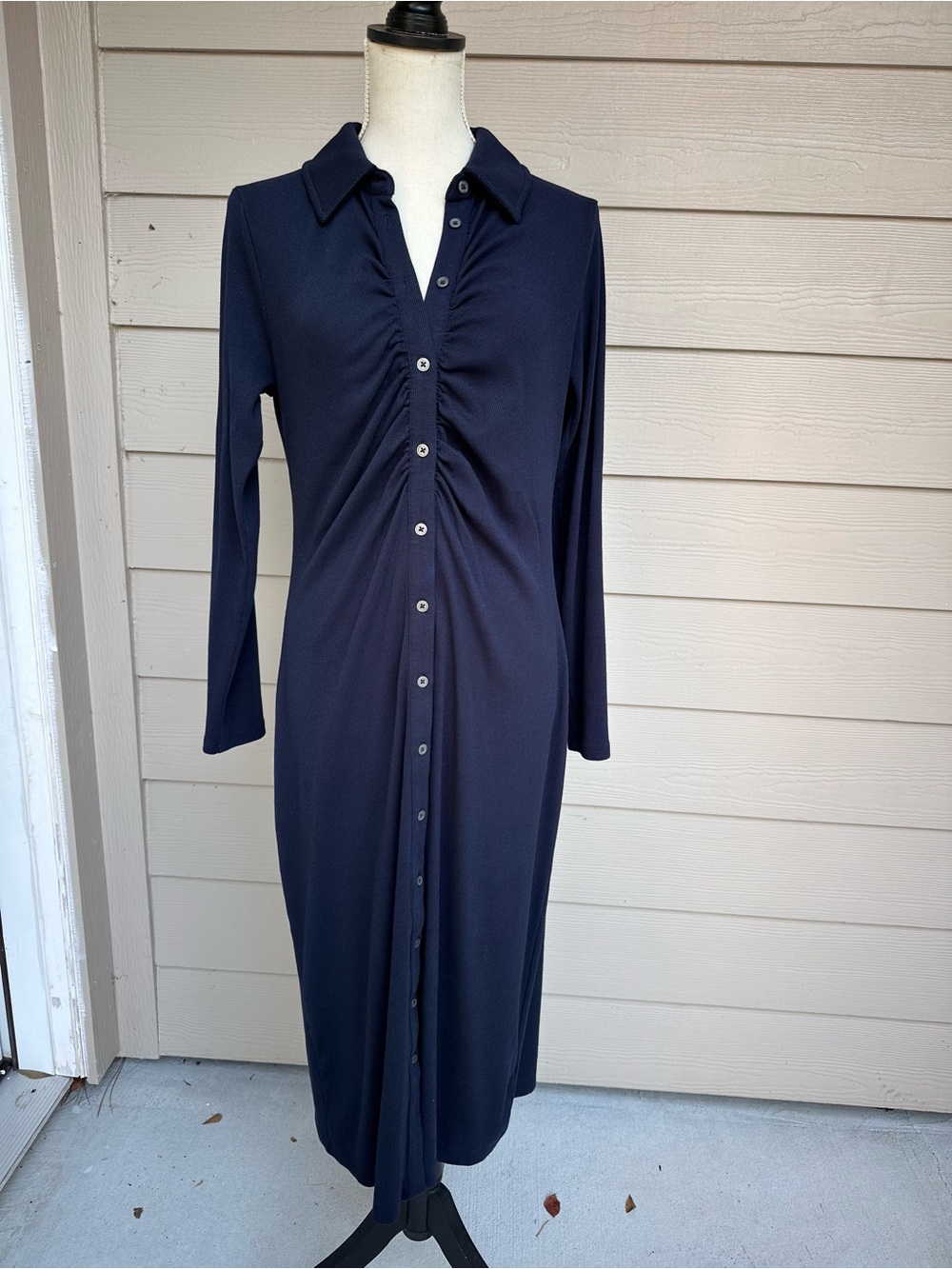 Boden Navy Blue Ruched Ribbed Jersey Long Sleeve Button Down Dress Sz 10 (B29)